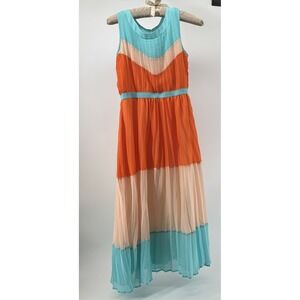 Rare Editions Girls Maxi Dress Colorblock Pleated Boho Beachy Coral Teal Size 14